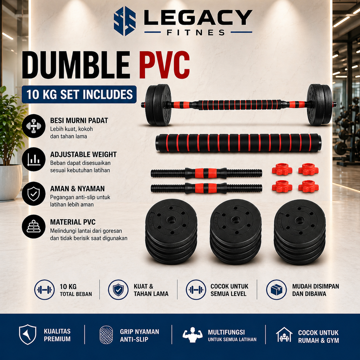 jual alat fitnes dumble set 10 kg pvc
