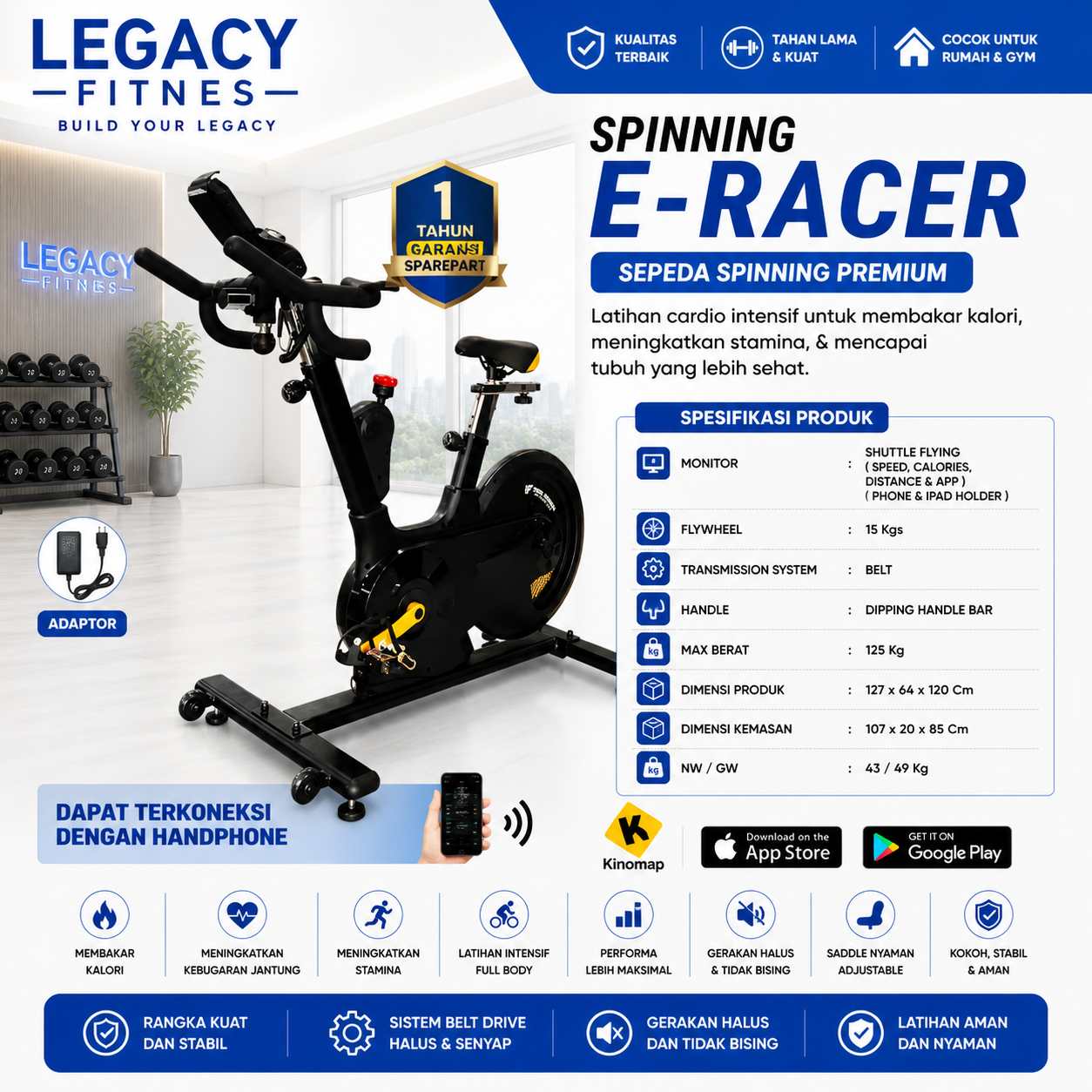 Spesifikasi Sepeda Statis Spinning Bike E-Racer